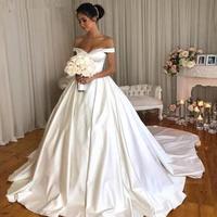 Chic Ivory Satin Wedding Dresses 2021 Princess Ball Bridal Gowns Off The Shoulder Dubai Arabic Bridal Wedding Sweep Train,407 - Thumbnail 2