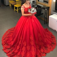 Vintage Red Ball Gown Wedding Dress Lace Appliques Beaded Plus Size Custom Bridal Gowns,412 - Thumbnail 1