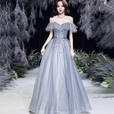 Gray tulle lace long a line prom dress evening dress - Thumbnail 2