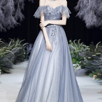 Gray tulle lace long A line prom dress evening dress - Thumbnail 1