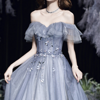 Gray tulle lace long A line prom dress evening dress - Thumbnail 2