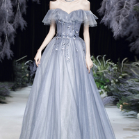 Gray tulle lace long A line prom dress evening dress - Thumbnail 4