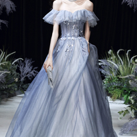 Gray tulle lace long A line prom dress evening dress - Thumbnail 5