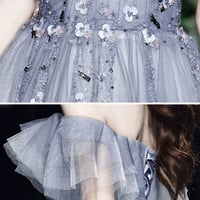 Gray tulle lace long A line prom dress evening dress - Thumbnail 7