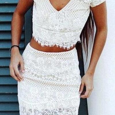 Charming sleeveless white lace homecoming dress,two pieces prom dress,937