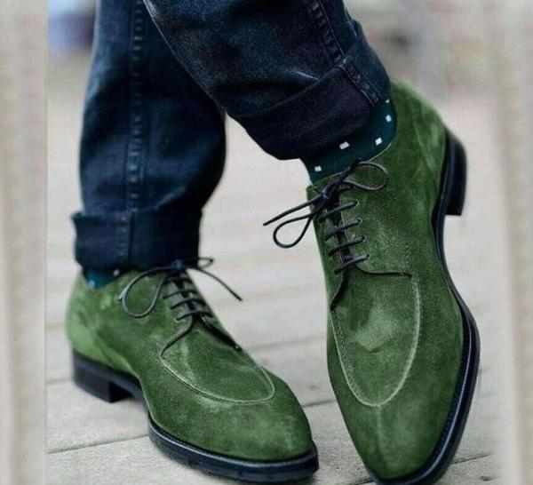 Hand Stitch Green Split Toe Premium Leather Suede Shoes Men