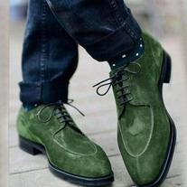 Hand Stitch Green Split Toe Premium Leather Suede Shoes Men