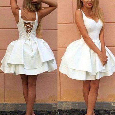 Fashion ball gown v-neck crisscross back white short homecoming dresses,freshman homecoming dresses,415