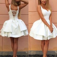 Fashion Ball Gown V-Neck Crisscross Back White Short Homecoming Dresses,Freshman Homecoming Dresses,415 - Thumbnail 1