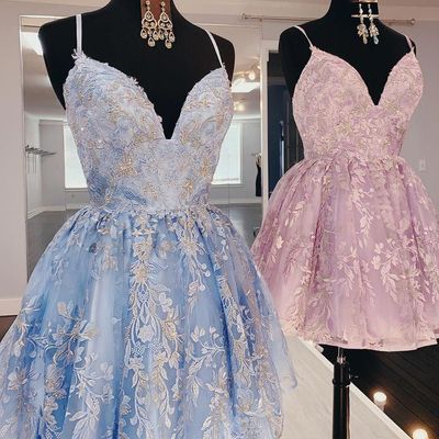 Fancy v-neck homecoming party dress,v-neck juniors' dress,spaghetti straps graduation dress,416