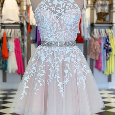 A-line knee length halter neckline homecoming dress,light pink lace juniors' dress,420