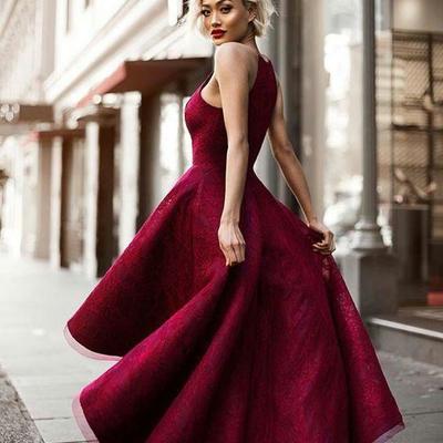 Sexy burgundy lace high low prom dress, burgundy evening dress, burgundy lace formal dress,421