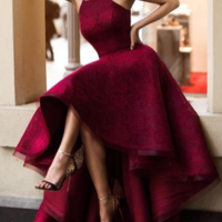 Sexy Burgundy Lace High Low Prom Dress, Burgundy Evening Dress, Burgundy Lace Formal Dress,421 - Thumbnail 1