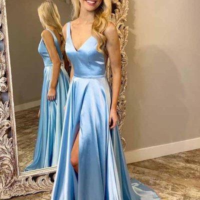 Simple blue v neck split long prom dress,blue formal evening dress,422 - Thumbnail 3