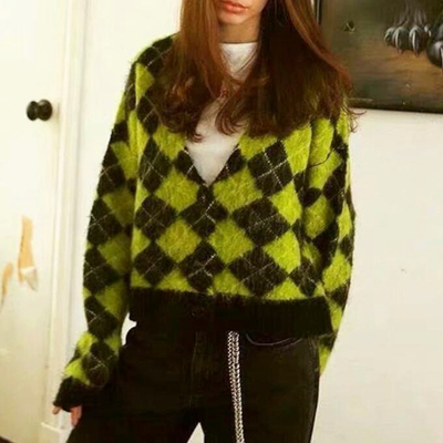V-neck green black color block diamond knit cardigan