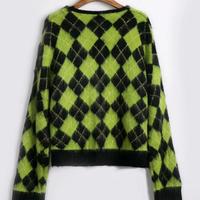 V-neck Green Black Color Block Diamond Knit Cardigan - Thumbnail 2