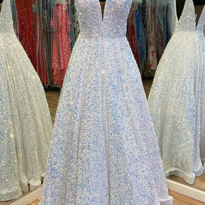 A-line v neck white sequin long prom dresses formal party gown - Thumbnail 3
