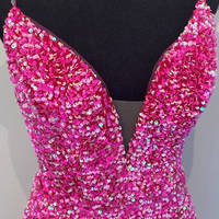 Mermaid V Neck Hot Pink Sequin Glitter Sparkle Prom Dresses - Thumbnail 1