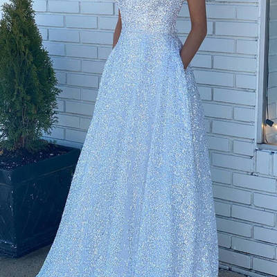 A-line scoop neck cross back white sequin prom dresses with pockets - Thumbnail 5