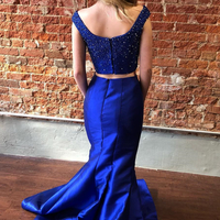Two Piece Royal Blue Beaded Prom Dresses - Thumbnail 1