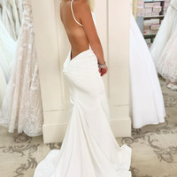 Simple Mermaid V Neck Backless White Satin Prom Dresses - Thumbnail 1