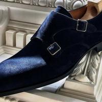 New Handmade Navy Blue Double Monk Strap Suede Shoes For Men - Thumbnail 1