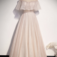 Pink tulle long A line prom dress pink evening dress - Thumbnail 4