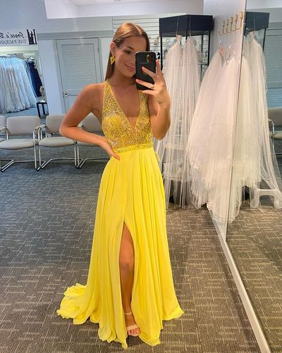 Cute A Line V Neck Straps Yellow Chiffon Prom Dresses with Beading, Split Party Dresses
