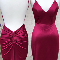 Sexy Mermaid Dark Red Satin Backless Prom Dresses Evening Dresses - Thumbnail 1