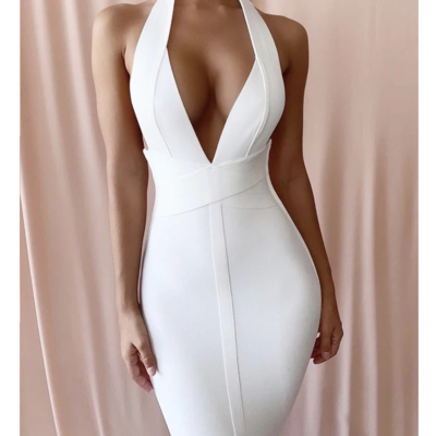 Women's sexy low-cut bag hip solid color high-waist dress - Thumbnail 3