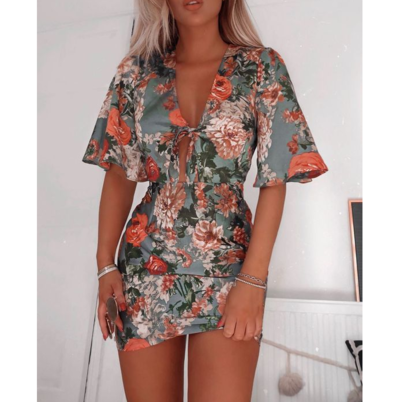 Elegant Printed V-Neck Short Sleeve Dress