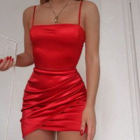 Sling Pleated Solid Color Short Skirt Dress - Thumbnail 1