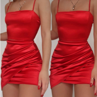 Sling Pleated Solid Color Short Skirt Dress - Thumbnail 2