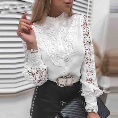 Ladies Fashion Lace Long Sleeve V-Neck Button Shirt