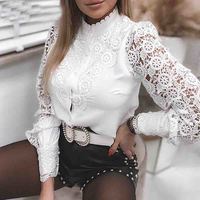 Ladies Fashion Lace Long Sleeve V-Neck Button Shirt - Thumbnail 2