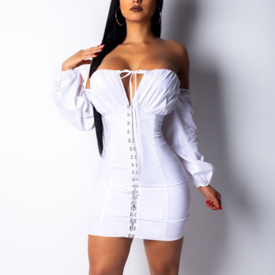 One-shoulder solid color long sleeve dress - Thumbnail 4