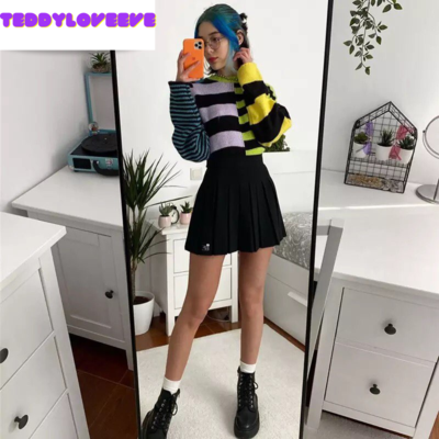 Vintage stripe rainbow color block knit sweater sweatshirt long sleeve pullover jumper goth casual e-girl kawaii korean japanese harajuku streetwear - Thumbnail 4