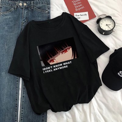 Cute Anime Girl Punk Print Cartoon Loose Oversized Short Sleeve Short T-shirt Tee Top Summer Casual E-Girl Kawaii Korean Japanese Harajuku Streetwear