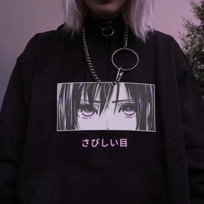 Cute anime girl sad eyes hoodie loose long sleeve sweatshirt sweater pullover jumper  casual e-girl kawaii korean japanese harajuku streetwear - Thumbnail 5