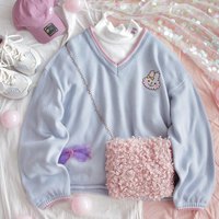 Cute Bunny Rabbit Embroidery Preppy Knit V Neck Vest Sweater Sweatshirt Loose Jumper Pullover Casual E-Girl Kawaii Korean Japanese Harajuku Streetwear - Thumbnail 3