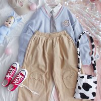 Cute Bunny Rabbit Embroidery Preppy Knit V Neck Vest Sweater Sweatshirt Loose Jumper Pullover Casual E-Girl Kawaii Korean Japanese Harajuku Streetwear - Thumbnail 4