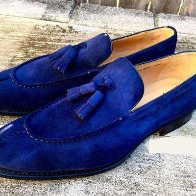 Unique hand stitch blue split toe loafer driving moccasin shoes