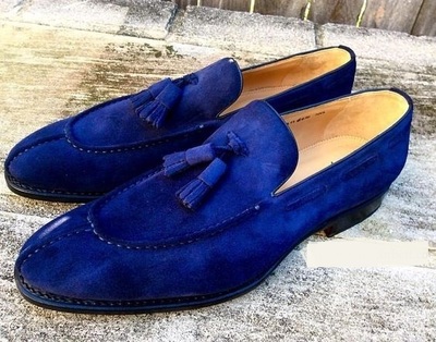 Unique Hand Stitch Blue Split Toe Loafer Driving Moccasin Shoes