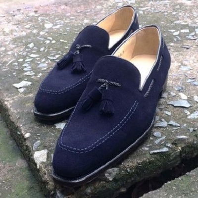 Navy blue handmade suede tassels loafer wedding shoes