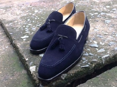 Navy Blue Handmade Suede Tassels Loafer Wedding Shoes