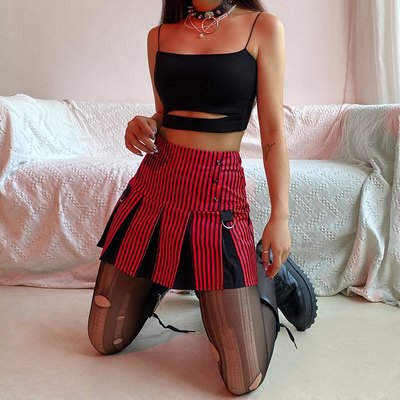 Vintage 90s Red Plaid Striped Pleated Low Waisted Skirt Academia E-Girl Kawaii Korean Japanese Harajuku Streetwear