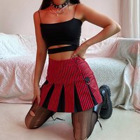 Vintage 90s Red Plaid Striped Pleated Low Waisted Skirt Academia E-Girl Kawaii Korean Japanese Harajuku Streetwear - Thumbnail 2