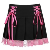 Cute Vintage Lace Trim Ribbon Bow Tie Up Pleated High Waisted Skirt Punk Goth E-Girl Kawaii Korean Japanese Harajuku Streetwear - Thumbnail 5