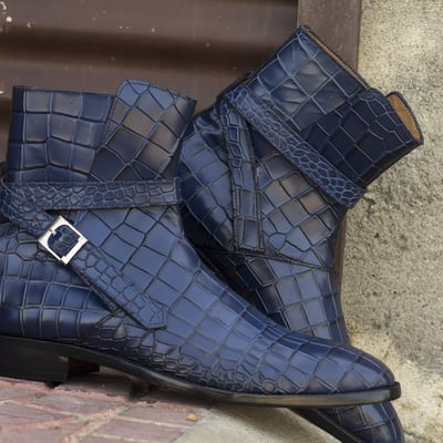 Men's blue alligator leather shoes, jodhpurs buckle boots ankle boots 