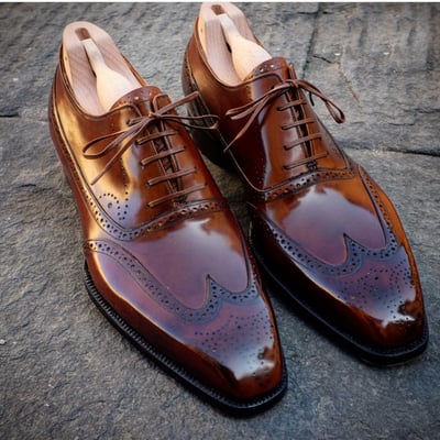 Oxford wing tip brogues, men handmade dress formal shoes, brown lace up office hoes - Thumbnail 1